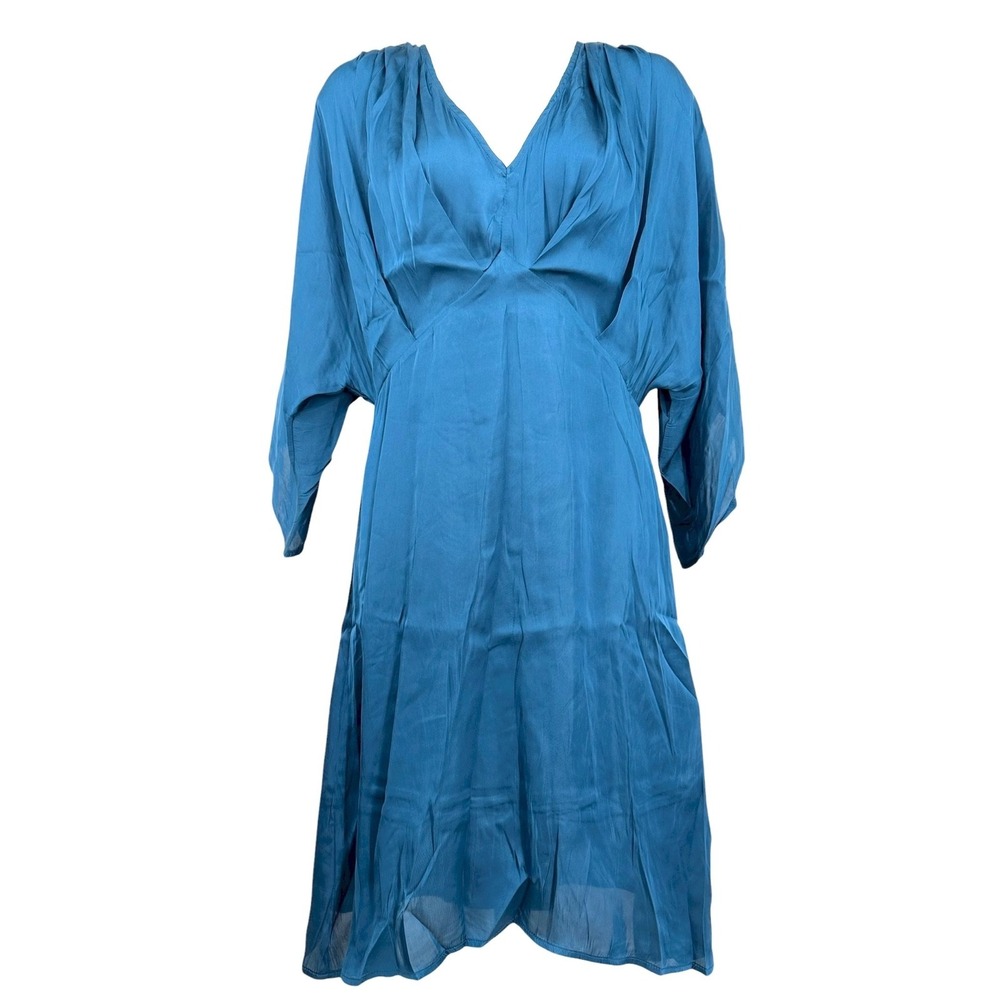 STRUT & BOLT Midnight Blue Satin Midi V-Neck Dress Flare Sleeve Womens Small NEW